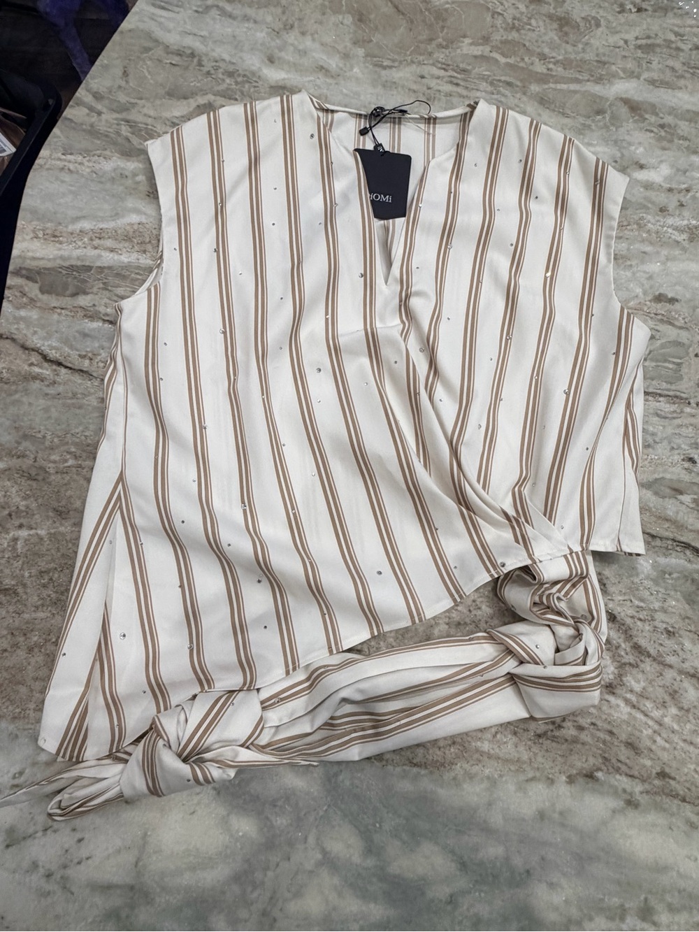 NWT D’iOMi Rigato Stone Wrap Tie Blouse L Striped Crystal Embellished
